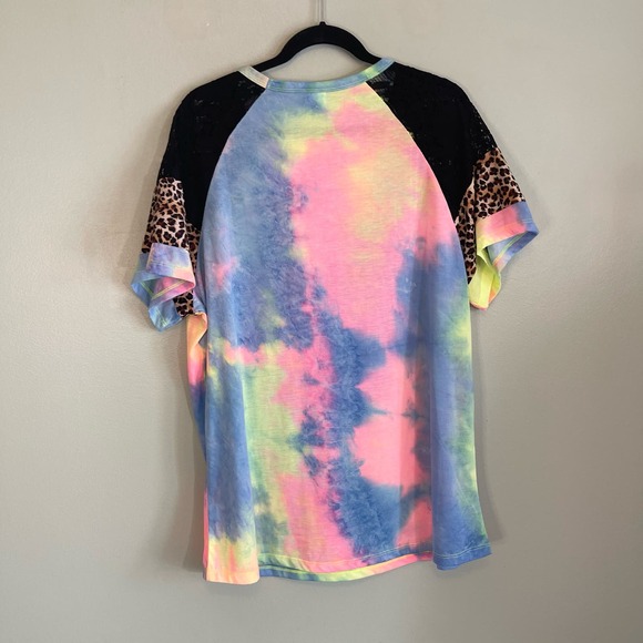 SUNSHINE & RODEO Shirt Womens 3XL Plus Tie Dye Cheetah Floral Lace Pink Blue NWT - Picture 2 of 7